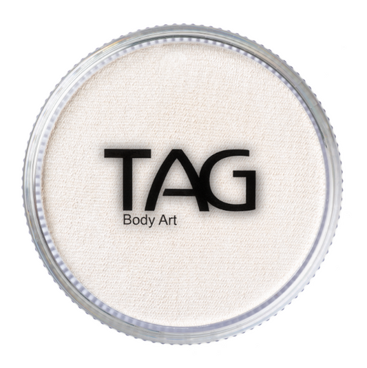 A round container of Pearl White Face & Body Paint (90g) by InfinityFaces with a clear lid and ribbed edge for easy grip. Black text is displayed at the center.