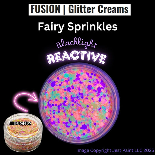A 10g jar of Infinity Faces Glitter Cream Fusion in Fairy Sprinkles UV, featuring bright neon confetti glitter and Blacklight Reactive text. The product image displays the FUSION label on the container.