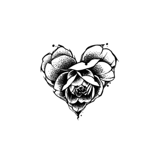 The Temporary Herbal Tattoo - Fall in Love by Infinityfaces showcases a stunning black and white, intricately detailed heart-shaped rose. Its symmetrical design with dot accents gives texture and contrast, making it the ideal skin-safe natural body art for plant-based tattoo enthusiasts.
