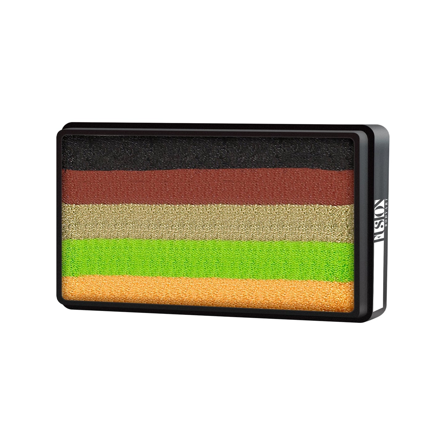 The Face Paint & Body Paint Aqua Fusion by Natalee Davies from Infinity Faces features multi-colored ink in black, brown, gold, green, and orange horizontal stripes within a rectangular black plastic holder.