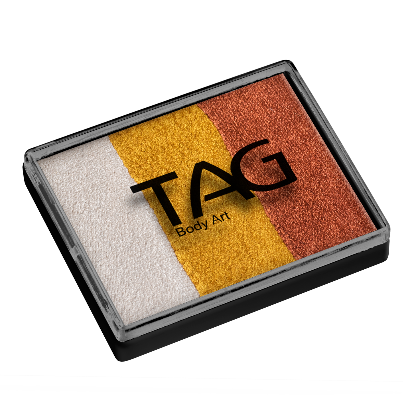 The Infinityfaces Face Paint & Body Paint Aqua - Foxy Split Cake (50g) by TAG features three horizontal stripes—white, yellow, and bronze—in a rectangular palette with a clear plastic case and black border. Perfect for creative face painting!.