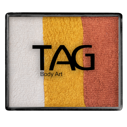 A rectangular Infinityfaces Face Paint & Body Paint Aqua - Foxy Split Cake (50g) by Tag features three vertical stripes—white, yellow, and metallic orange—viewed from above.