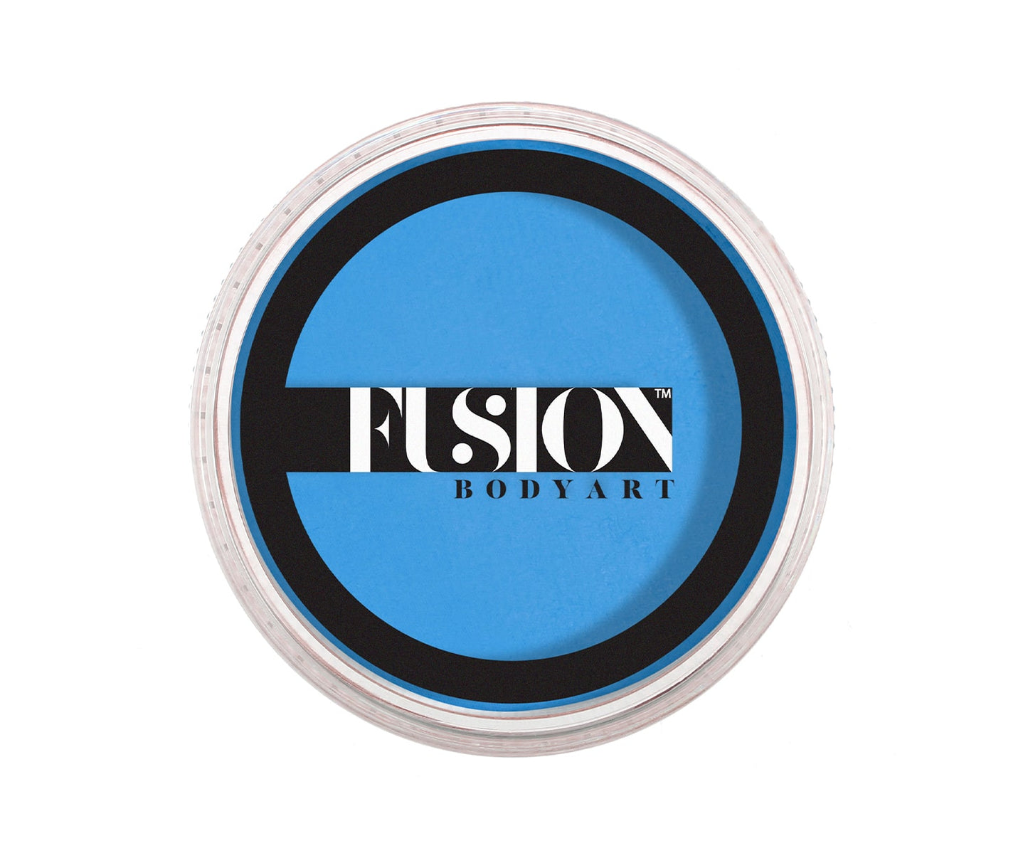 A circular container of Infinity Faces Prime Glacial Blue Fusion face paint features a blue center with a black border. FUSION BODYART is printed in white across the middle, and the transparent lid reveals the paint inside.