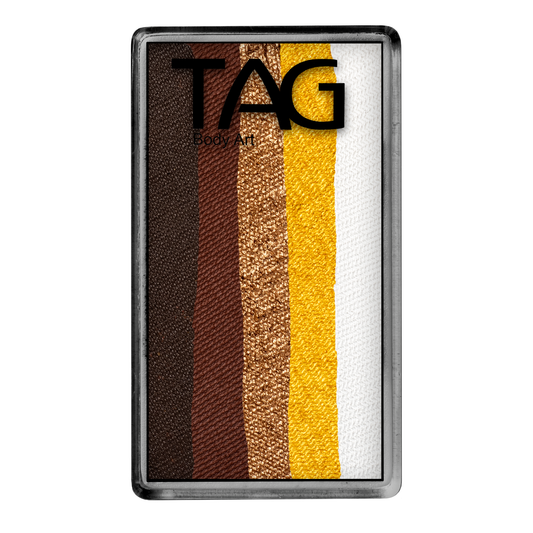 Infinityfaces Face Paint & Body Paint Aqua - Golden Earth One Stroke (30g) features five vertical stripes in dark brown, brown, bronze glitter, yellow, and white — perfect for creative designs.