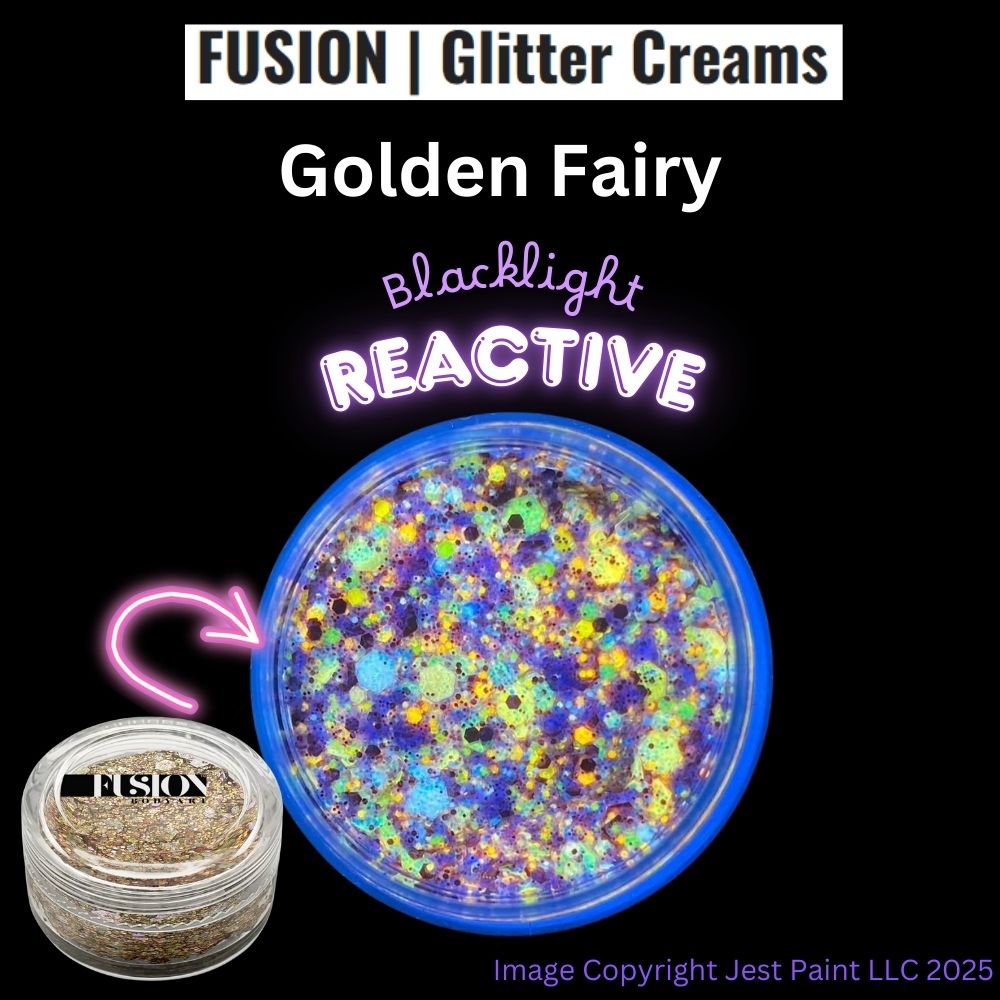Close-up of Infinity Faces Glitter Cream Fusion - Golden Fairy UV (10g), a round container filled with iridescent, multicolored glitter. Text notes this product is blacklight reactive. Small container image appears at bottom left.