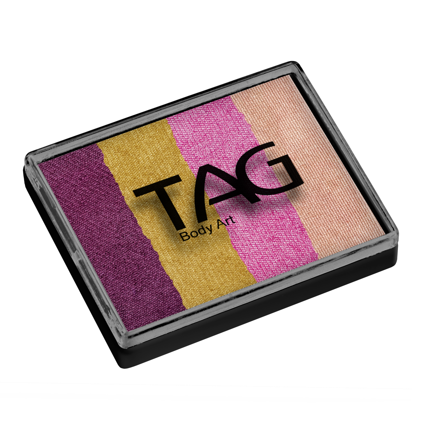 The Infinityfaces Face Paint & Body Paint Aqua - Golden Plum Split Cake (50g) features five vertical stripes—purple, gold, pink, magenta, and peach—in a rectangular clear plastic case with a black border.