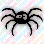 The Glitter Tattoo Faketoos - Halloween Spider (small) by Faketoos features a cartoon black spider with big eyes and eight legs on a pastel background, where the word “faketoos” is repeatedly printed—making this stencil ideal for sparkly temporary tattoos or creative body art.