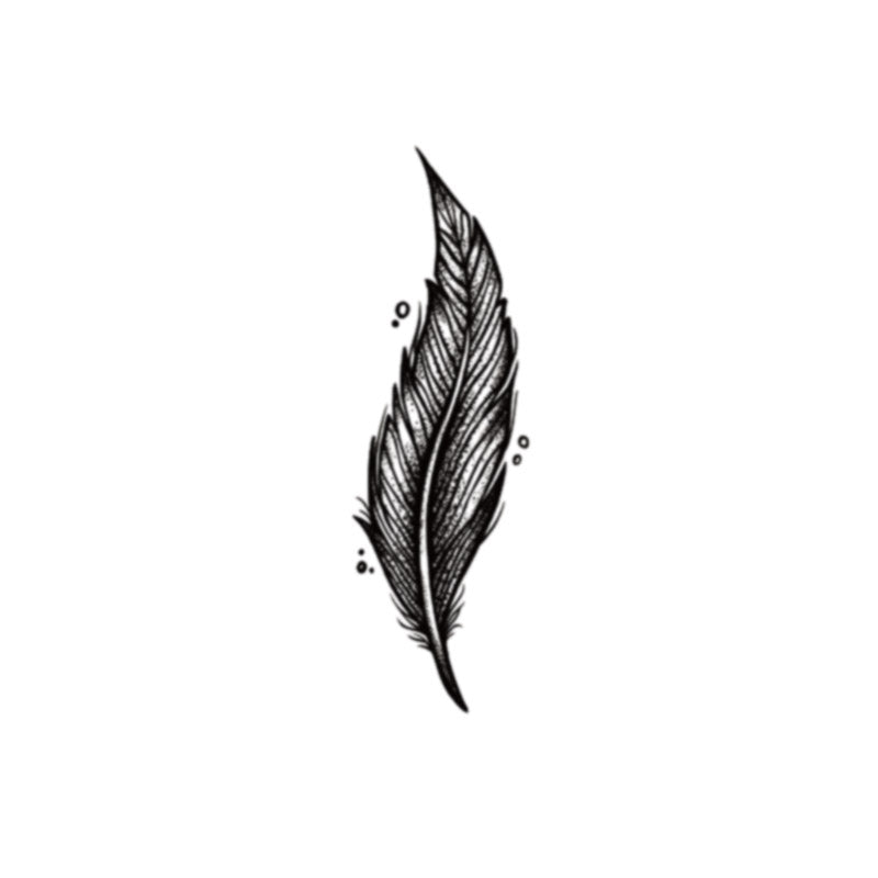 The Temporary Herbal Tattoo - Feather by Infinityfaces is a black and white illustration featuring a detailed feather with decorative dots on a plain white background.
