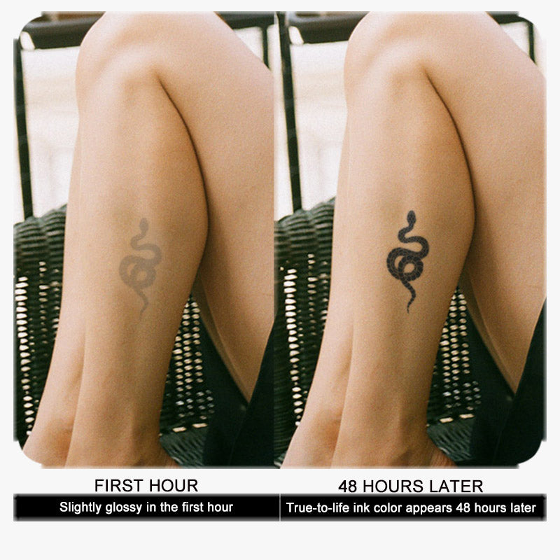 Comparison of Infinityfaces Temporary Herbal Tattoo - Snake on a leg: Left side shows slightly glossy look in the first hour; right side displays true-to-life ink after 48 hours. The skin-safe tattoo rests on a woven surface, maintaining its natural body art appeal.