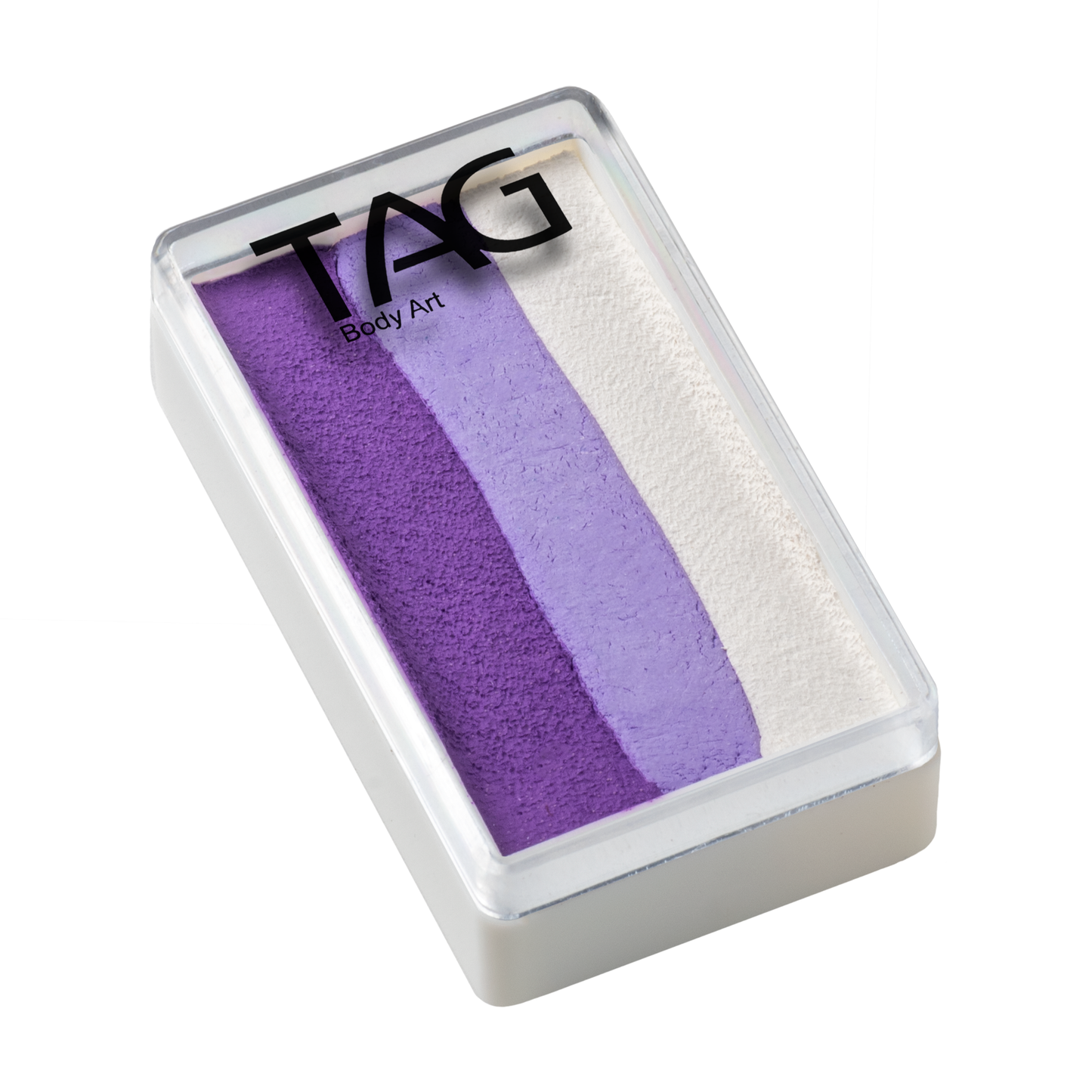 The Infinityfaces Face Paint & Body Paint Aqua Tag - Iris (One Stroke) (30g) features a rectangular transparent case with three vertical stripes of dark purple, light purple, and white, with the brand name visible on the lid.
