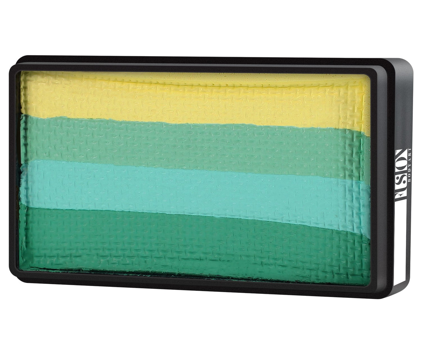 The Infinity Faces Face Paint & Body Paint Aqua Fusion - LODIE UP Cute Pastel Mint (One Stroke) palette features a rectangular design with four horizontal, textured cream shades in yellow, light green, teal, and dark green. It includes a black border and the brand logo on the side.