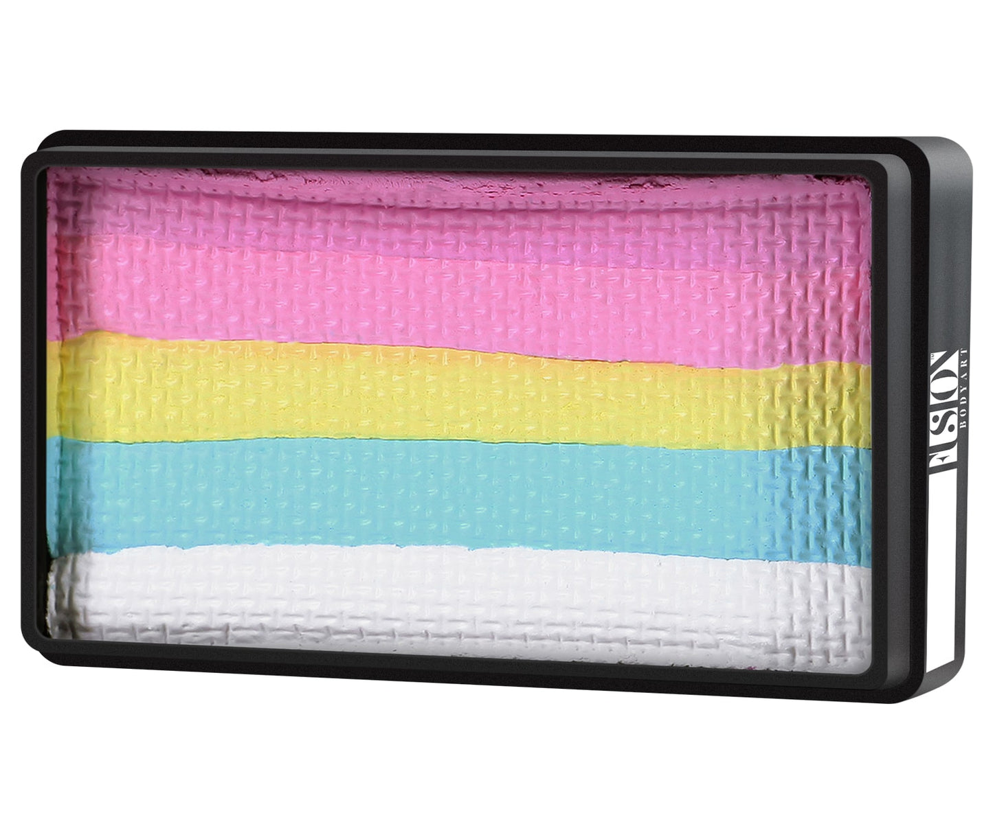 The Infinity Faces Face Paint & Body Paint Aqua Fusion - LODIE UP Cotton Candy features five layers of textured fabric in pink, yellow, blue, white, and black housed in a rectangular case with a transparent lid and the brands name on the side.