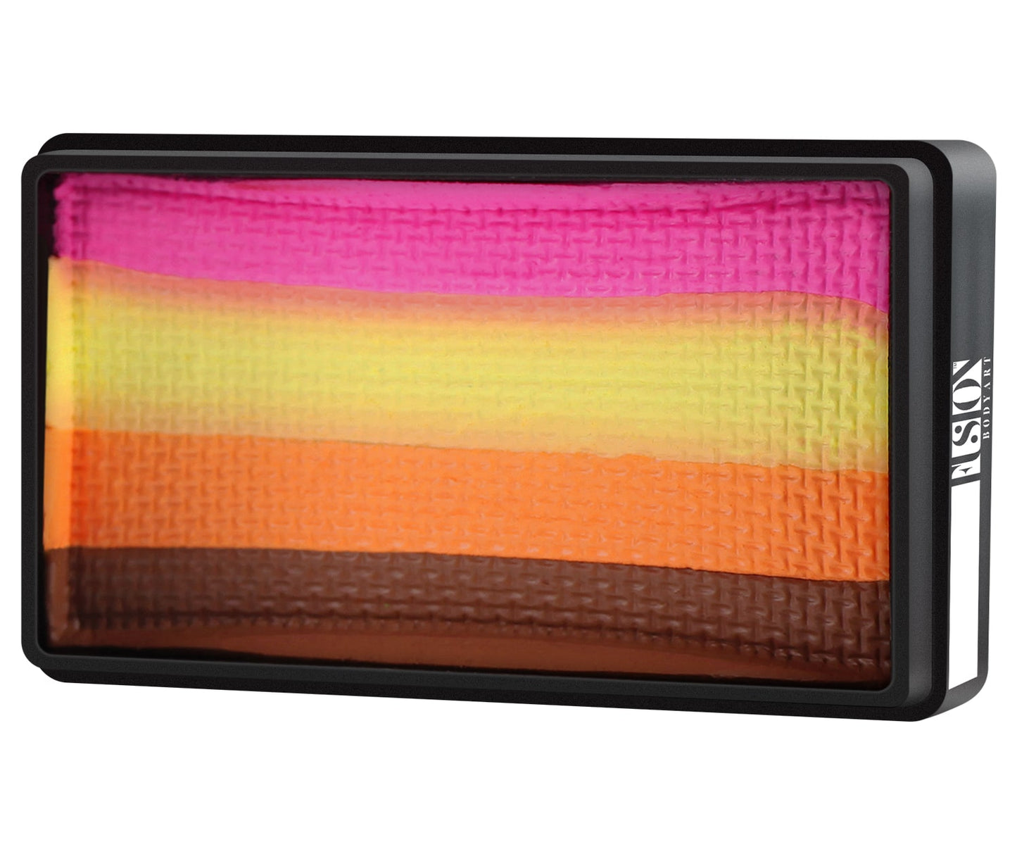 The Face Paint & Body Paint Aqua Fusion - LODIE UP Ice Cream by Infinity Faces is a rectangular palette featuring five vibrant horizontal color strips: pink, yellow, orange, light brown, and dark brown, all enclosed in a black frame.