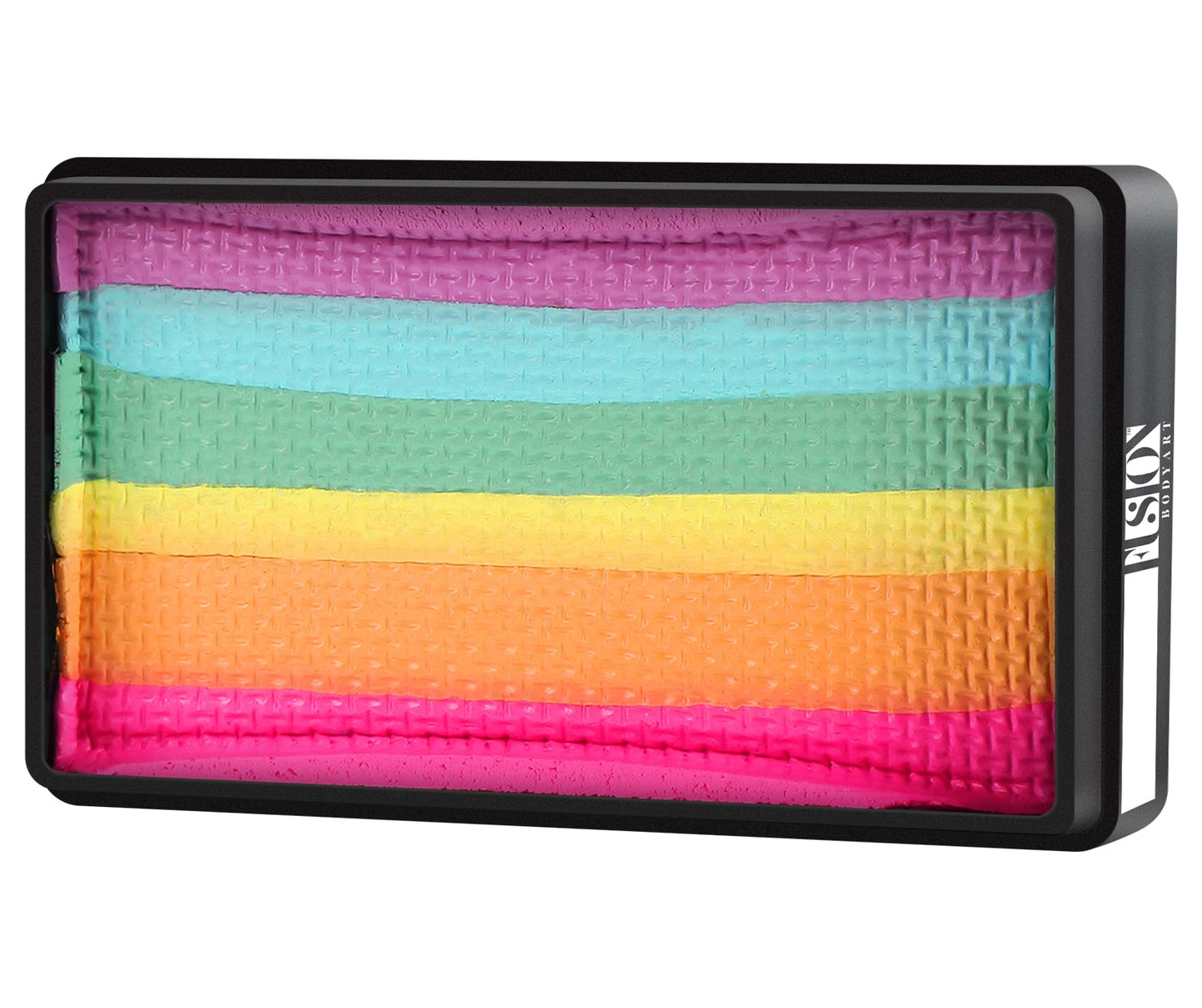 The Infinity Faces Face Paint & Body Paint Aqua Fusion is a 30g rectangular box featuring textured layers of pastel rainbow colors: pink, purple, blue, green, yellow, orange. It has a black base with a clear lid.