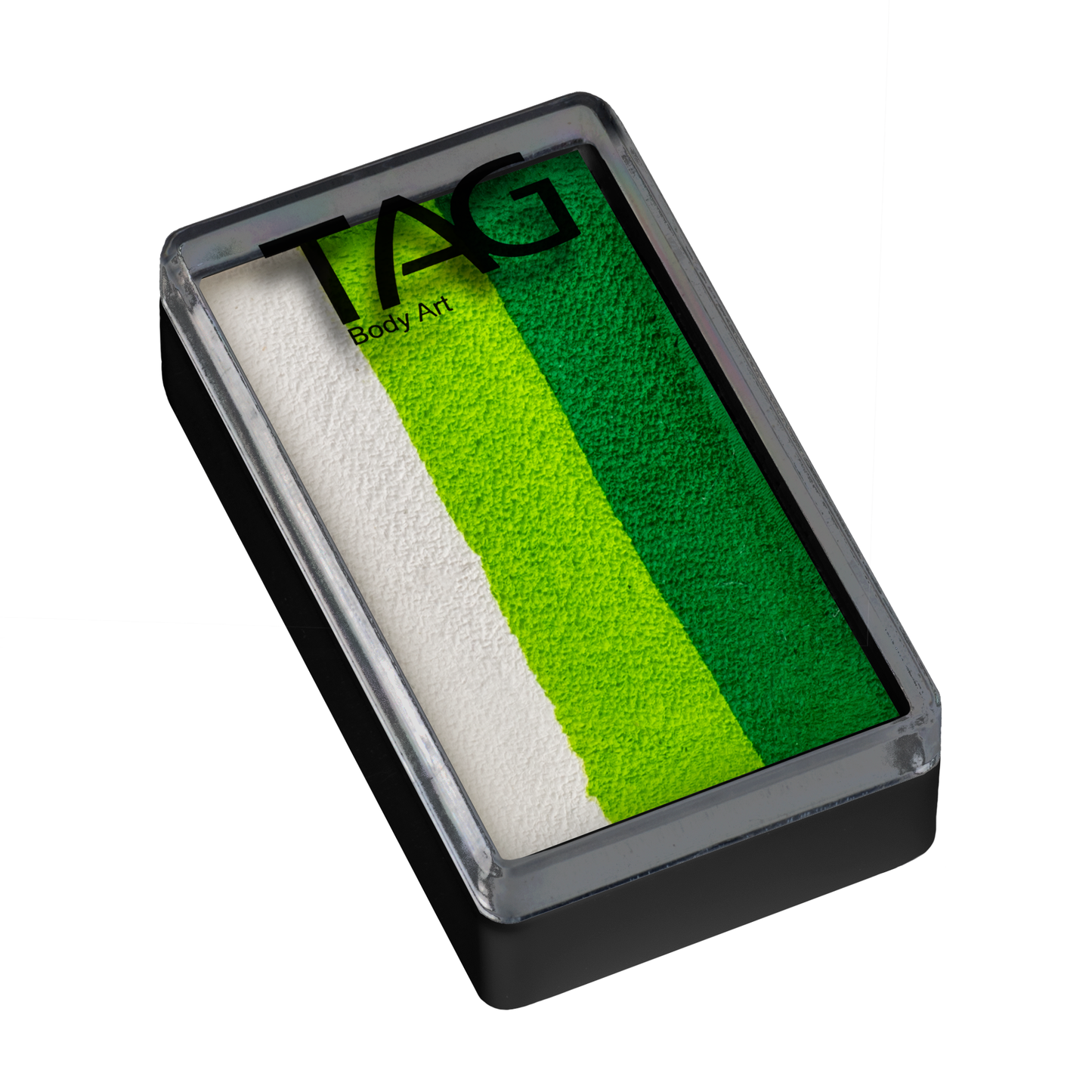 The Infinityfaces Face Paint & Body Paint Aqua - Leaf White One Stroke by Tag (30g) is a rectangular cake with four color stripes—white, light green, medium green, and dark green—in a black plastic case with clear lid.
