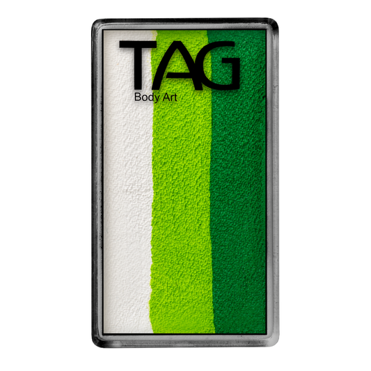 The Infinityfaces Face Paint & Body Paint Aqua - Leaf White One Stroke by Tag (30g) features four vertical stripes—white, light green, bright green, and dark green—arranged in a rectangular metallic palette.