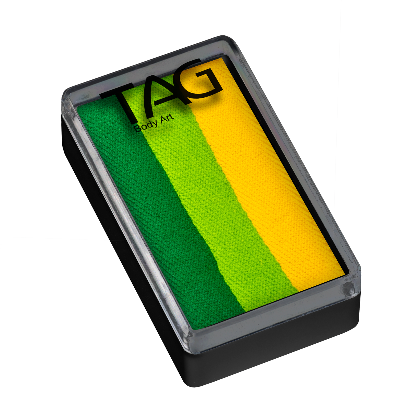 The Infinityfaces Face Paint & Body Paint Aqua Tag in Leave Yellow (30g) is a rectangular container featuring three horizontal stripes of dark green, light green, and yellow. It comes with a black base and transparent lid.