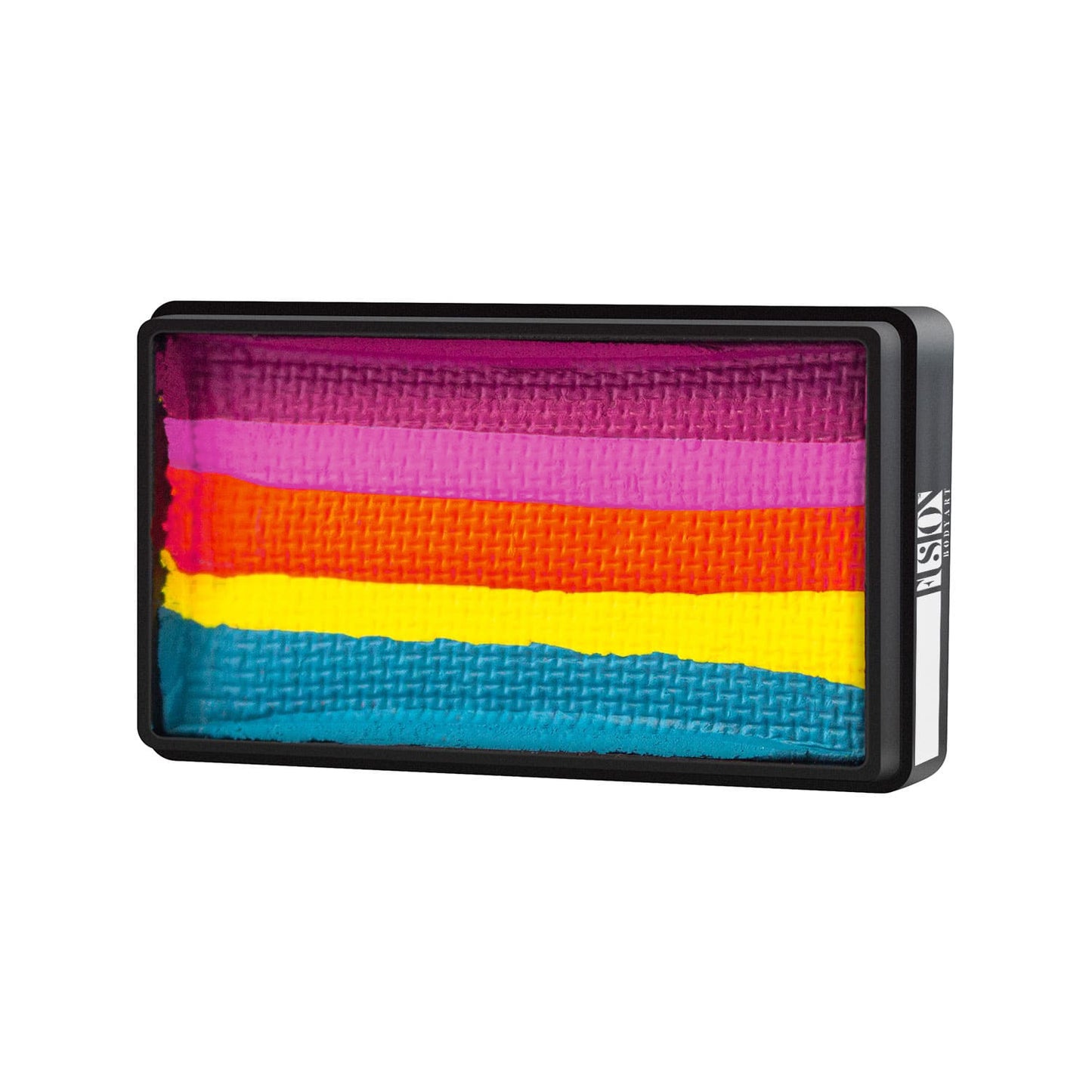 The Infinity Faces Face Paint & Body Paint Aqua Fusion, Leannes Collection Island Girl (One Stroke), features a rectangular palette with five horizontal color stripes: pink, red, orange, yellow, and blue in layers within a black-bordered container.