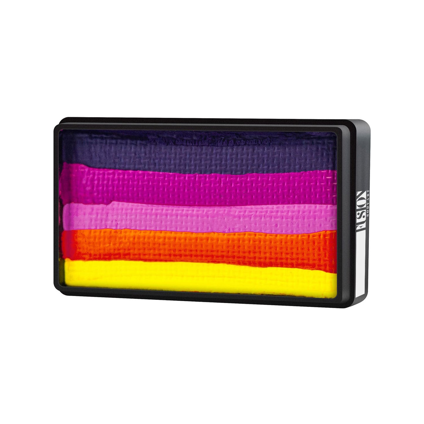 Infinity Faces’ Face- & Body Paint Aqua Fusion - Nirvana - One Stroke (30g) features five horizontal stripes—purple, magenta, pink, orange, and yellow—ideal for stunning blends and One Stroke techniques.