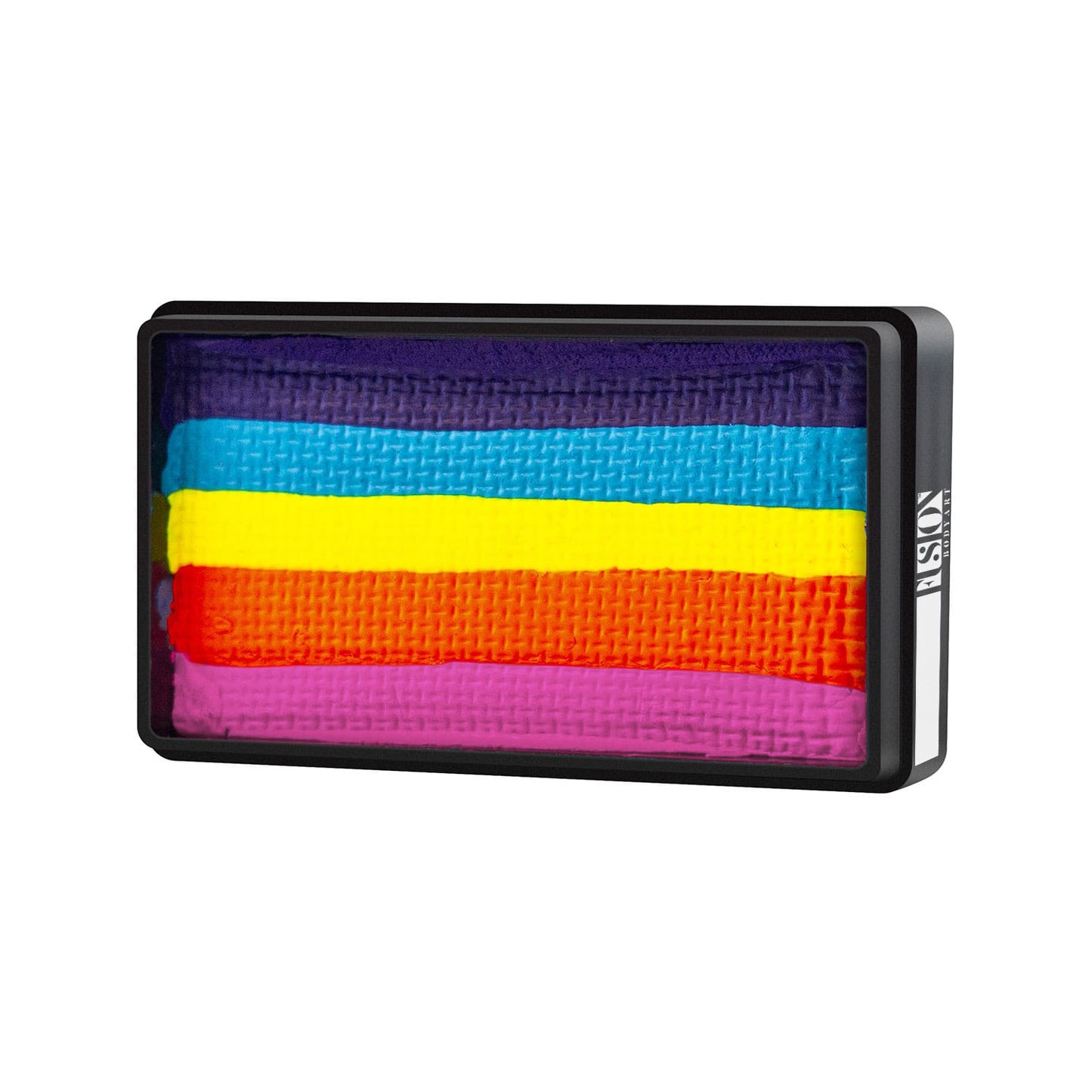 The Infinity Faces Aqua Fusion face and body paint case from Leannes Collection Lollipop features a black-framed, rectangular design with five rough-textured horizontal stripes in purple, blue, yellow, orange, and pink.