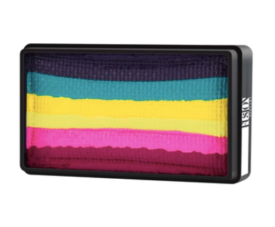 Infinity Faces Face Paint & Body Paint Aqua Fusion - Leannes Collection Rainbow Magic (One Stroke) offers a vivid rectangular palette with multicolored horizontal stripes in black, teal, yellow, pink, and maroon, neatly framed in black.