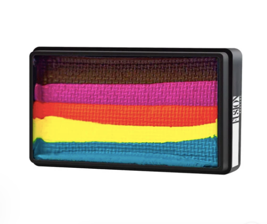 The Infinity Faces Aqua Fusion Leannes Collection Summer Crush features a rectangular black container with textured surface, holding horizontal stripes of face paint in brown, pink, purple, red, yellow, and blue, weighing 30g.