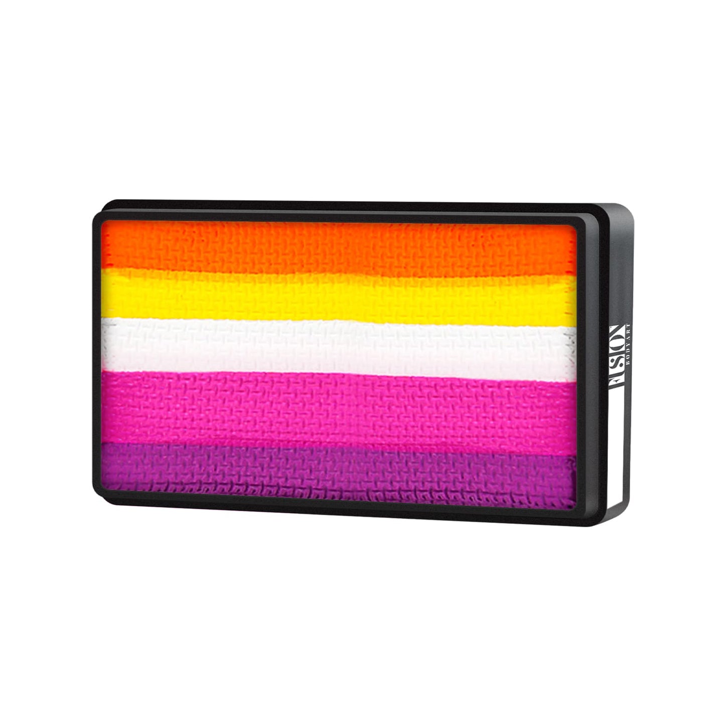 A rectangular pin featuring the lesbian pride flag with six horizontal stripes: orange, light orange, white, pink, mauve, and purple. It has a black border and a fastening mechanism on the back. Product: Face Paint & Body Paint Aqua Fusion - Leannes Collection Tiger Lilly (One Stroke) by Infinity Faces.