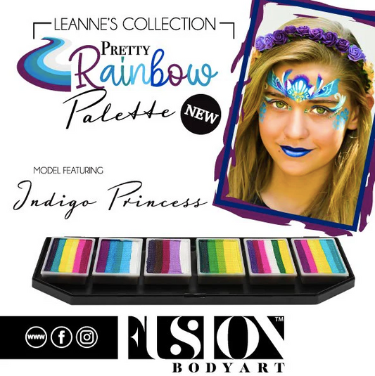 An ad for Infinity Faces Face- & Body Paint Aqua Fusion - Indigo Princess - One Stroke (30g) shows a girl with blue, purple, and turquoise face paint. Below, the bright palette offers vibrant colors for seamless blending.
