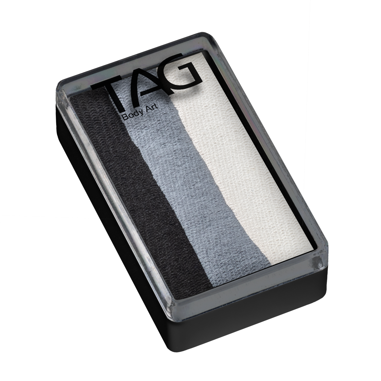 The Infinityfaces Face Paint & Body Paint Aqua - Magpie One Stroke (30g) features three horizontal stripes—black, gray, and white—in a rectangular case with a clear lid and the brand name on top.