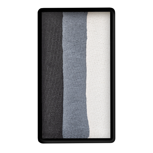 The Infinityfaces Face Paint & Body Paint Aqua - Magpie One Stroke (30g) features a rectangular tray with three vertically arranged colors—black, blue-gray, and white—side by side.