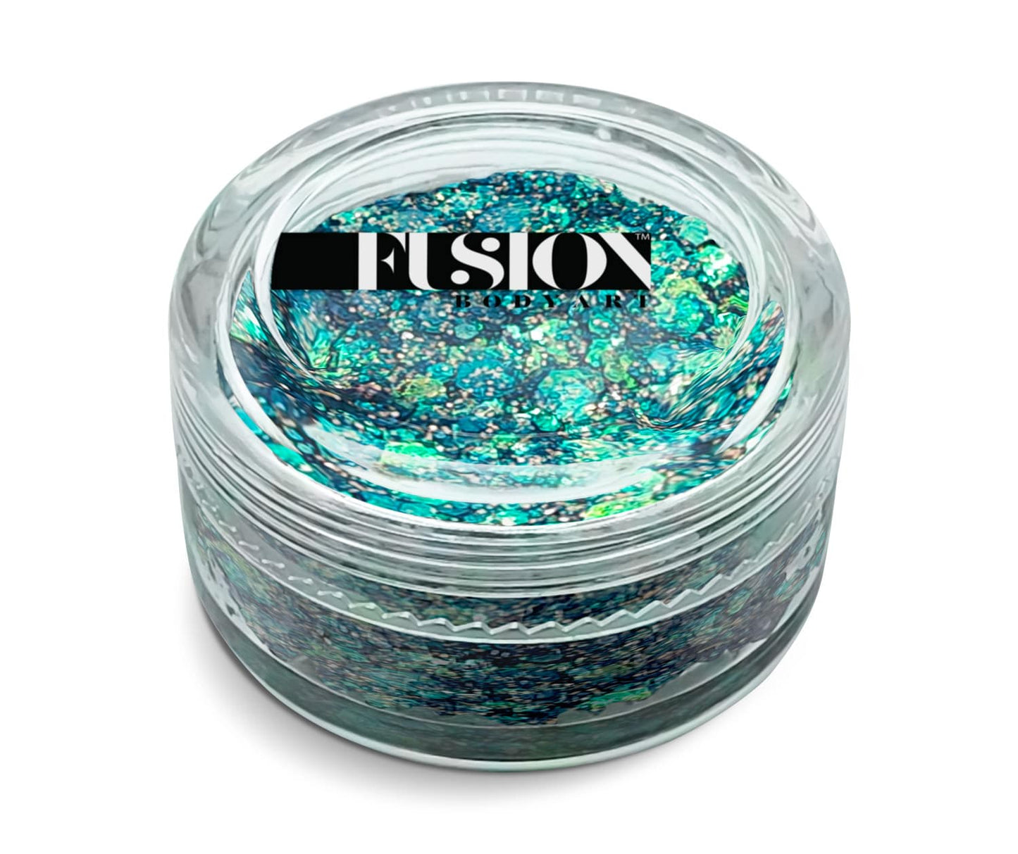 A clear jar labeled Glitter Cream Fusion - Mermaid Scales (10g) by Infinity Faces holds densely packed, sparkling blue and green iridescent glitter, with FUSION in bold black and white on the lid.