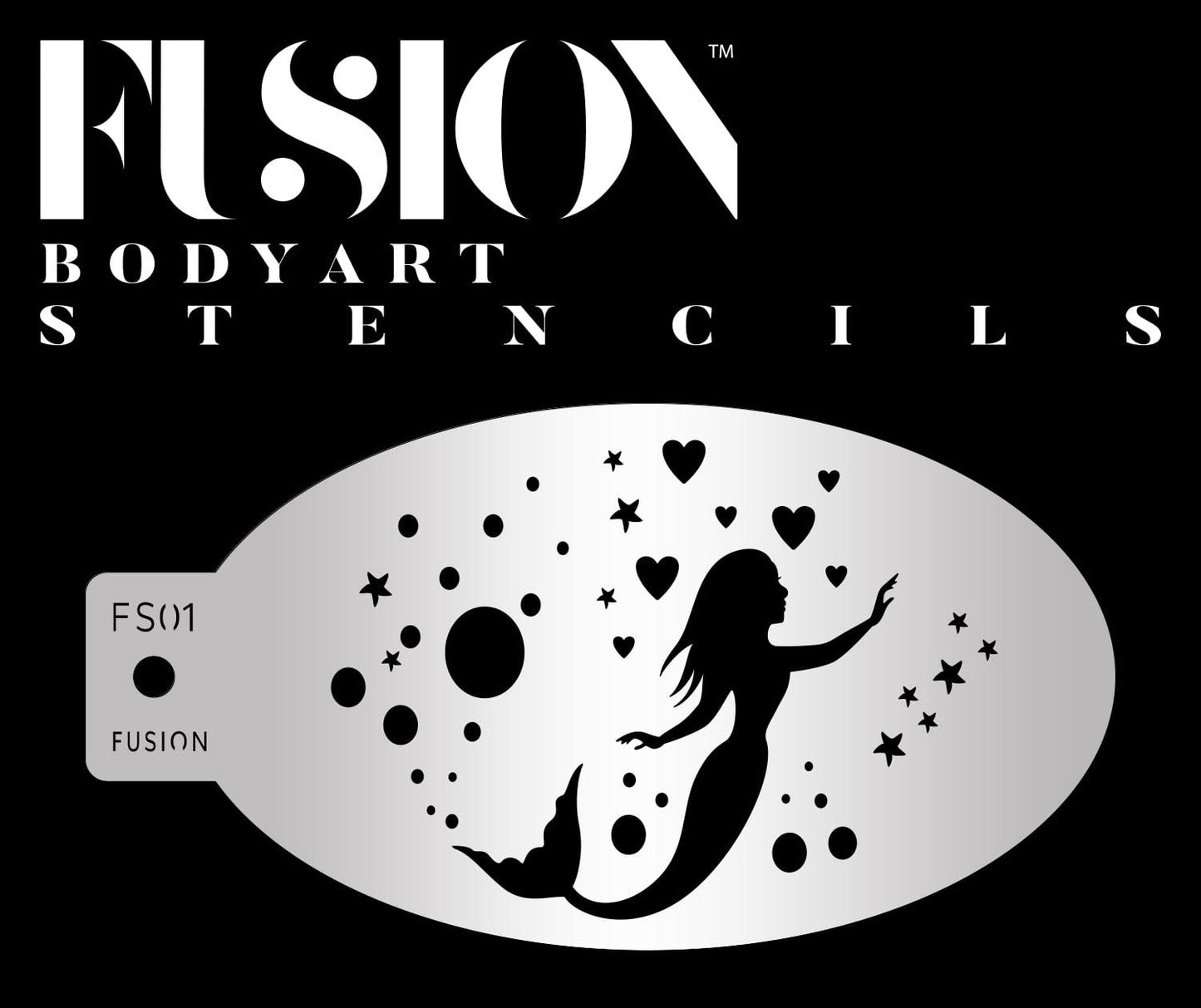 The Infinity Faces Mermaid Story Fusion Stencil Body Art features a mermaid silhouette surrounded by stars, hearts, bubbles, and dots on a silver oval background.