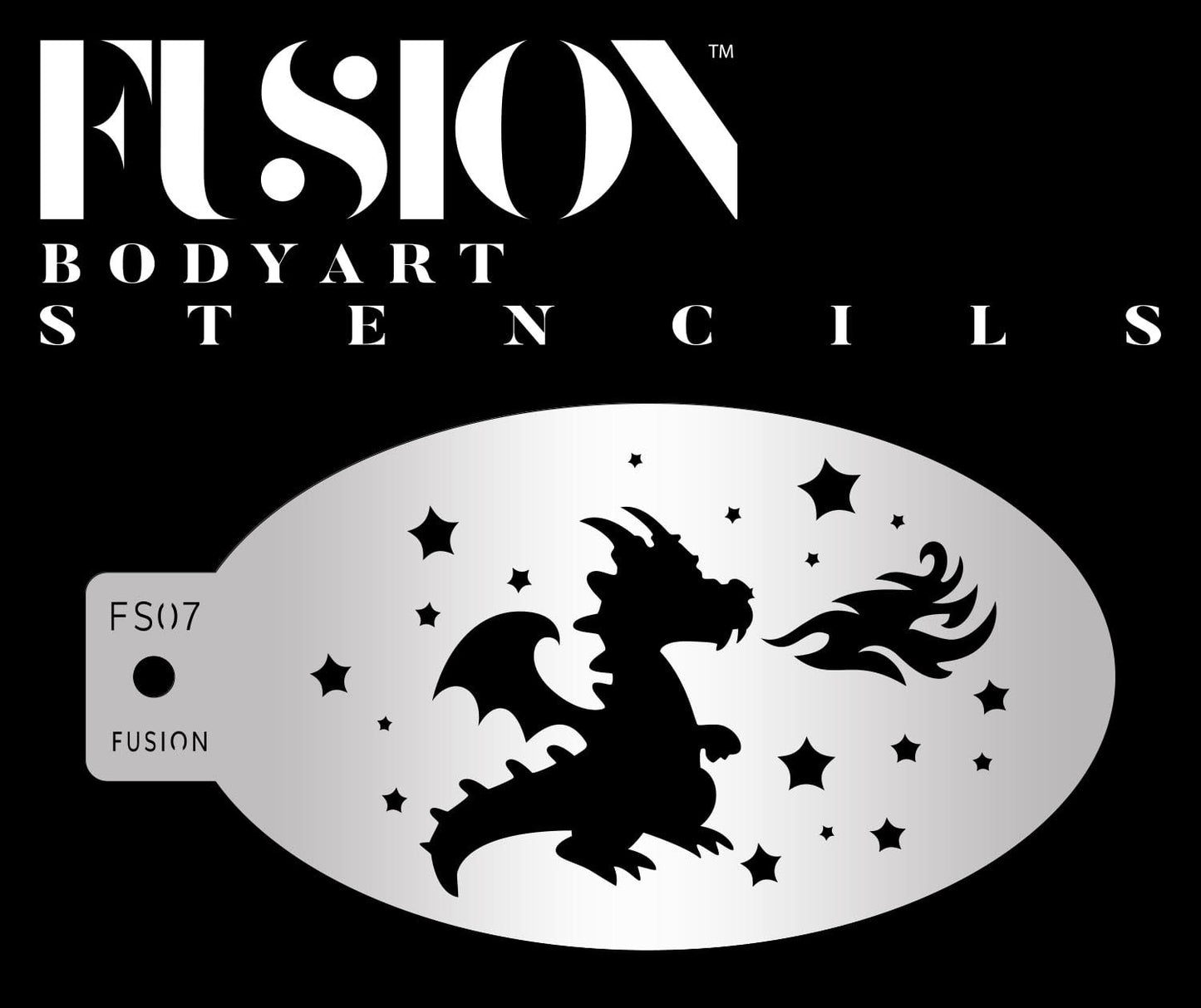 A silver Mystic Dragon Fusion Stencil Body Art by Infinity Faces features a fire-breathing dragon silhouette with stars and bold white text on a black background.