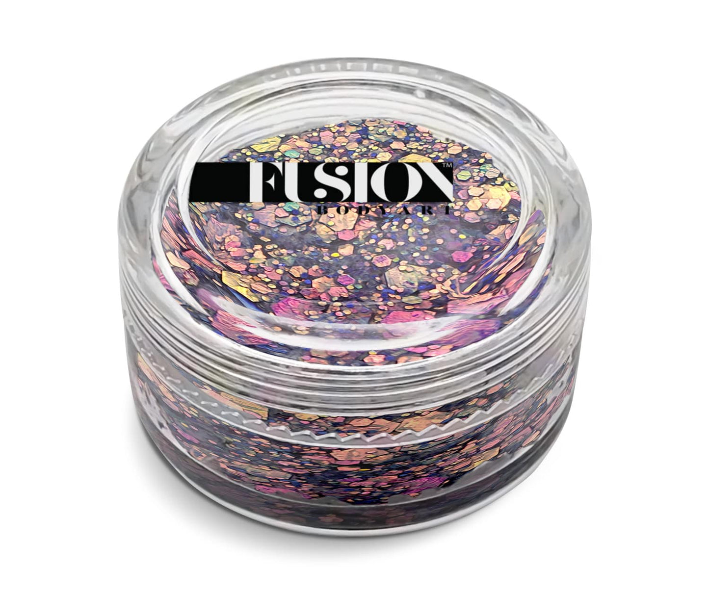 Infinity Faces Glitter Cream Fusion - Mystical Purple (10g) comes in a clear glass jar with a black and white Fusion label, featuring chunky, colorful nail glitter in gold, pink, and purple on a dark base.