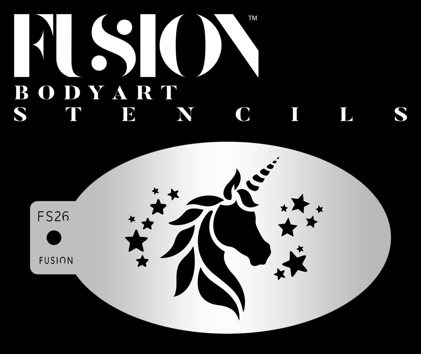 The Mystical Unicorn Fusion Stencil Body Art by Infinity Faces features a unicorn head with stars and Fusion Body Art Stencils text above, FS26 on the left, all displayed on a black background.