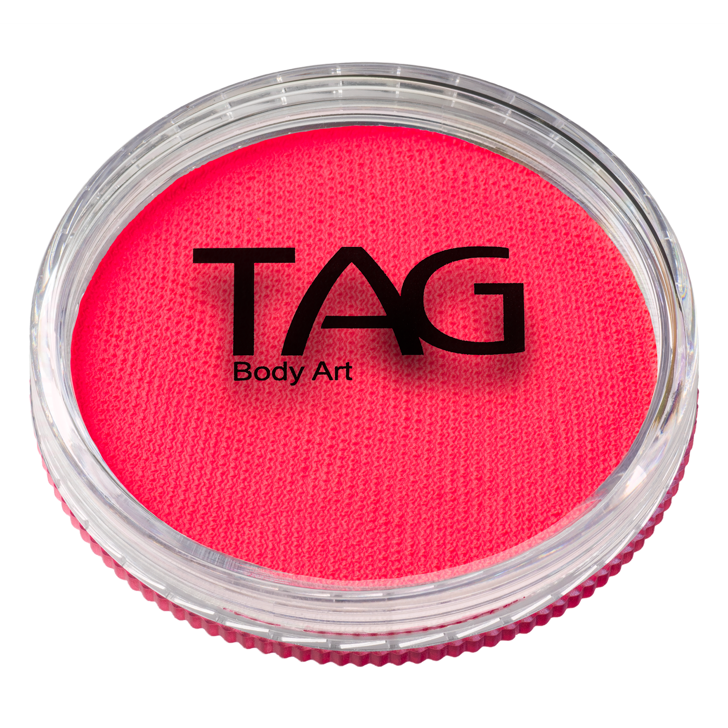 A round container of UV Neon Pink Face Paint & Body Paint Aqua Tag (32g) by Infinity Faces features a clear lid with the brand name in black text on top.
