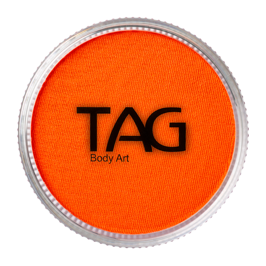 A round 32g container of UV Neon Orange Face & Body Paint Aqua Tag by Infinity Faces, with a clear lid and product name on top.