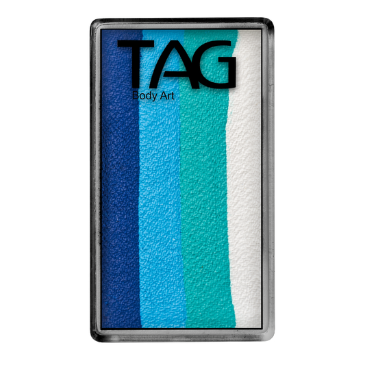 The Infinityfaces Face Paint & Body Paint Aqua - Ocean One Stroke - Tag (30g) features five vertical stripes—dark blue, blue, teal, light blue, and white—in a rectangular metal case.