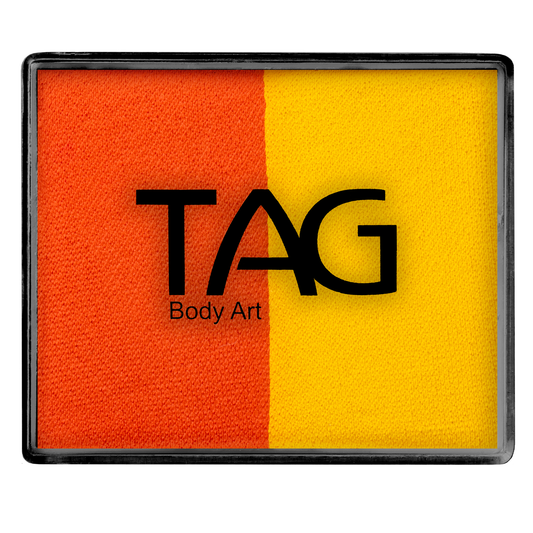 Infinityfaces Face Paint & Body Paint Aqua - Orange & Yellow Split Cake (50g) features a rectangular container with bold orange and yellow halves—ideal for striking face paint designs. The Infinityfaces logo is printed at the center.