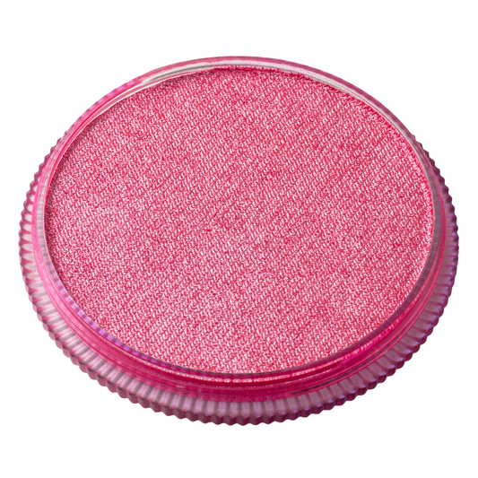 A close-up of Infinity Faces Face Paint & Body Paint Aqua Tag in Pearl Rose (32g), featuring a round compact with finely milled, shimmery pink powder and a clear lid edged in pink.
