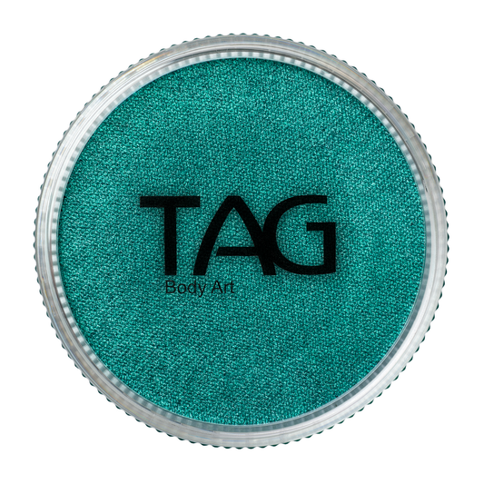 A round container of Infinity Faces Face Paint & Body Paint Aqua Tag in Pearl Green (32g), filled with vibrant pearly green paint, viewed from above with a clear lid and black logo on top.