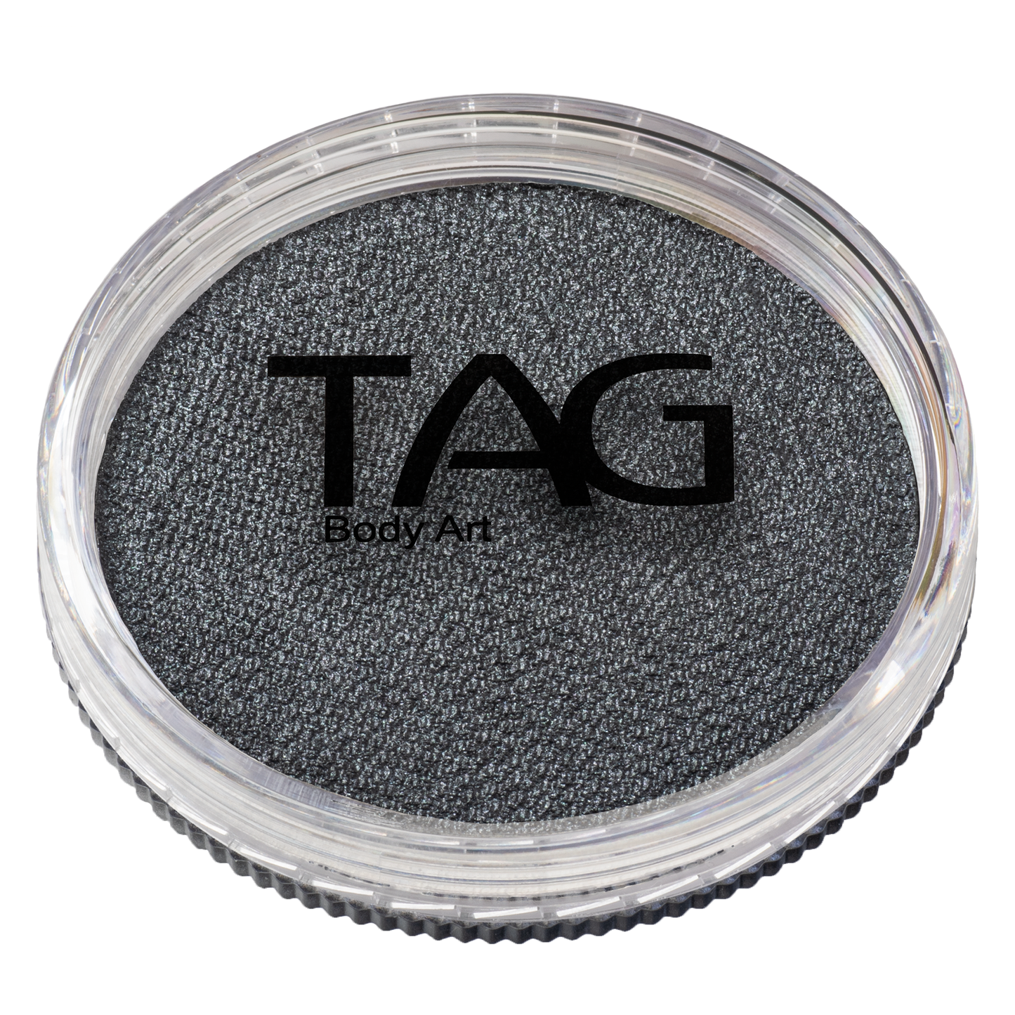 A 32g round container of Infinity Faces Face Paint & Body Paint Aqua Tag in Pearl Black, featuring a clear lid displaying the TAG logo and the textured paint inside.