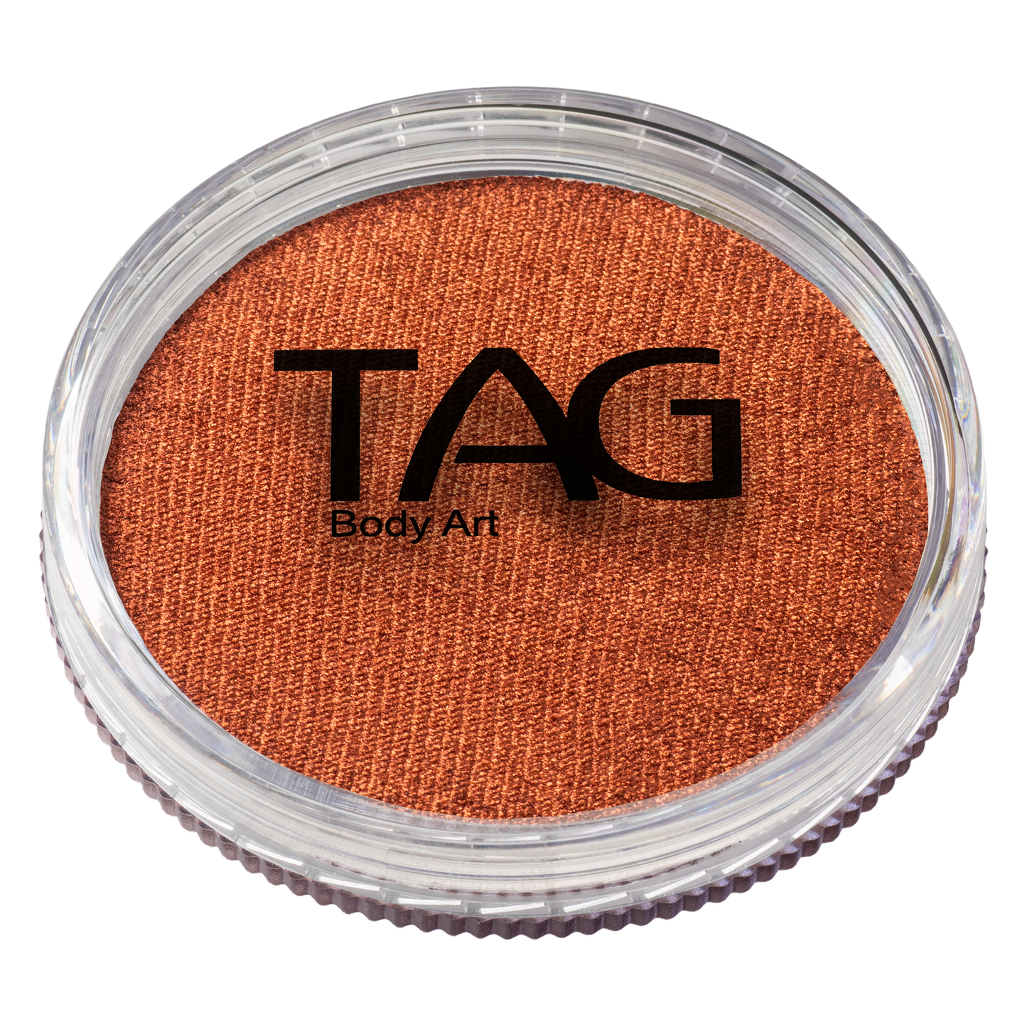 A round Infinity Faces Face Paint & Body Paint Aqua Tag in Pearl Copper (32g), seen from above with a clear lid displaying the TAG logo.