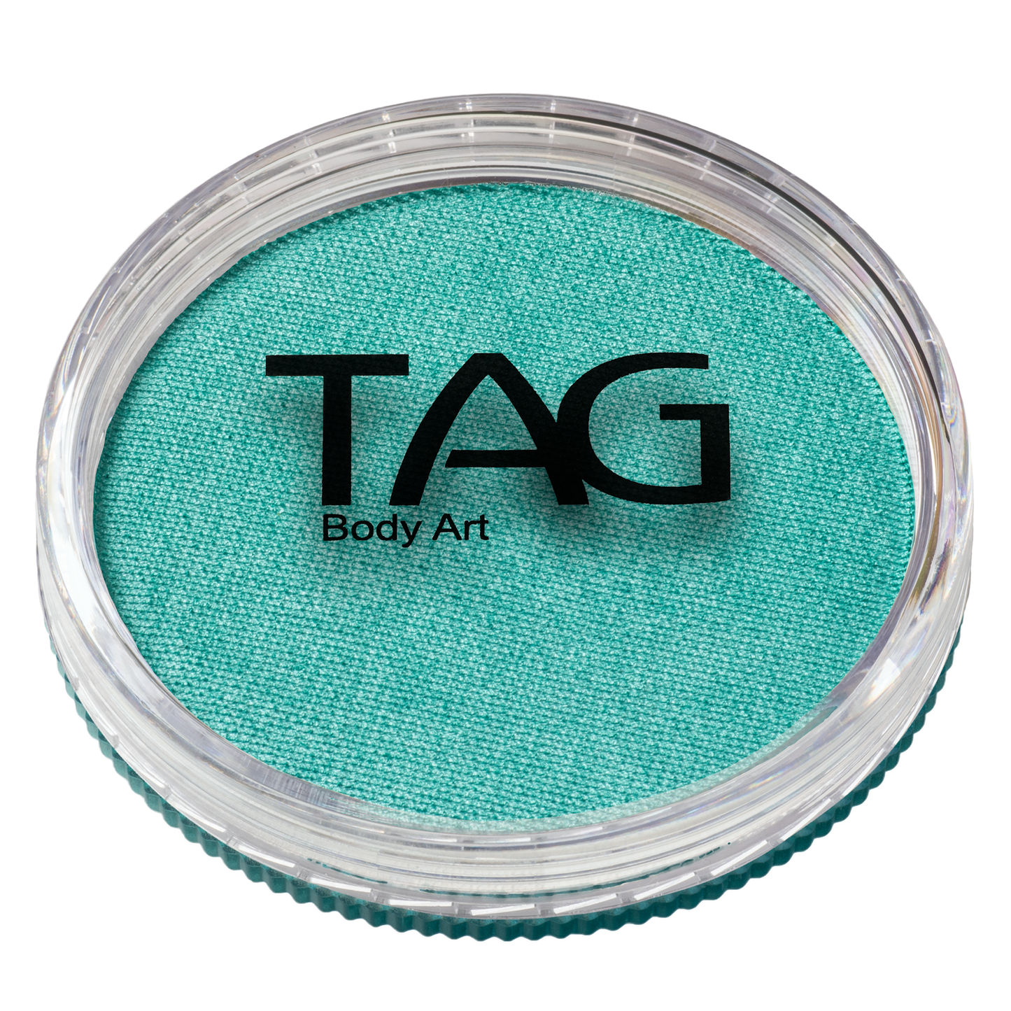 A round 32g container of Infinity Faces Face Paint & Body Paint Aqua Tag in Pearl Teal, featuring a clear lid with the brand name displayed in bold black letters.