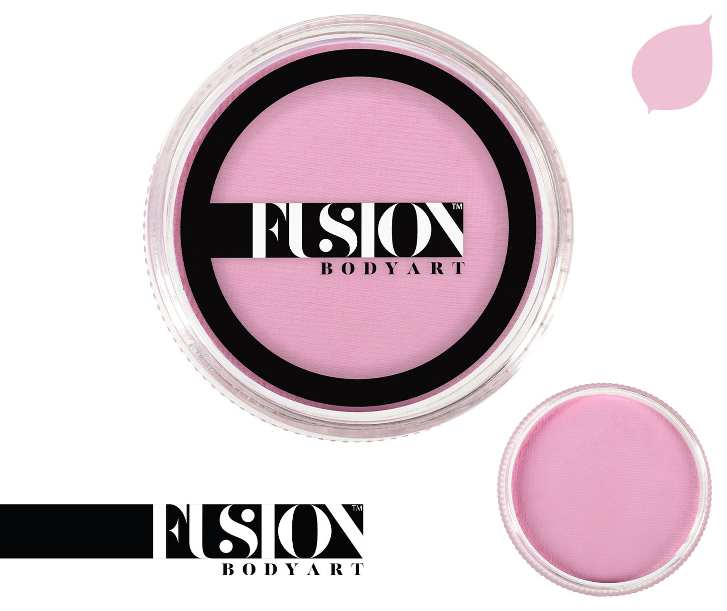 A round container of Infinity Faces aqua Fusion face and body paint in Pastel Pink (25g) features a clear lid with the brand logo. A smaller, open view of the paint appears at the bottom right, while a pink leaf-shaped design is in the top right corner.