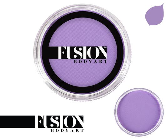 A 25g container of Infinity Faces Fusion Face & Body Paint in Pastel Purple, designed as lavender with a black rim and logo. A leaf-shaped swatch of the purple shade is shown in the corner.