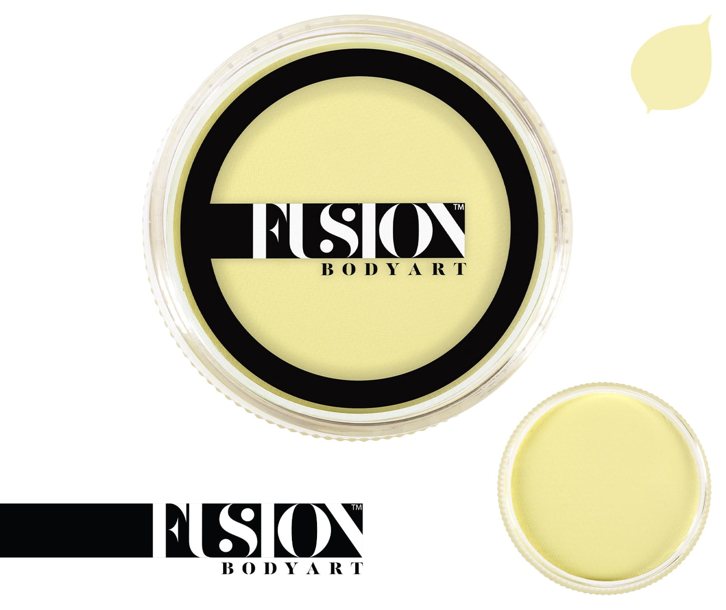 The product is a circular container of pastel yellow Face Paint & Body Paint aqua Fusion from Infinity Faces. The lid has black text, a small leaf graphic in the top right corner, and a smaller paint image in the bottom right corner.