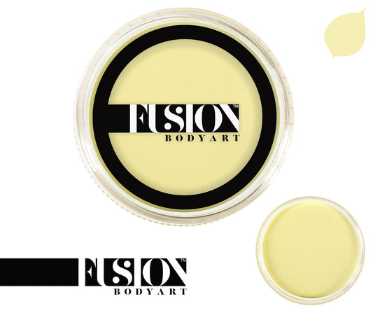 The product is a circular container of pastel yellow Face Paint & Body Paint aqua Fusion from Infinity Faces. The lid has black text, a small leaf graphic in the top right corner, and a smaller paint image in the bottom right corner.