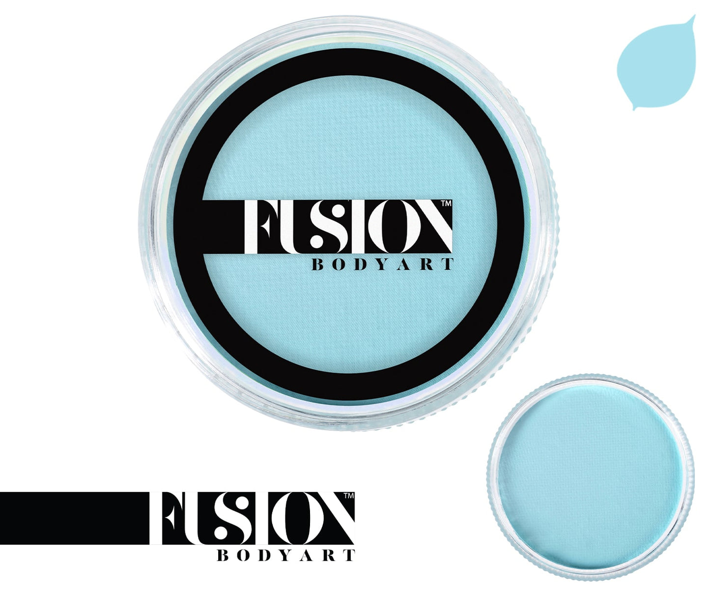The 25g Pastel Blue Fusion Face & Body Paint from Infinity Faces comes in a light blue-teal shade. Its lid displays the black and white Fusion Body Art logo, and a pastel swatch with a leaf icon at the top right corner.