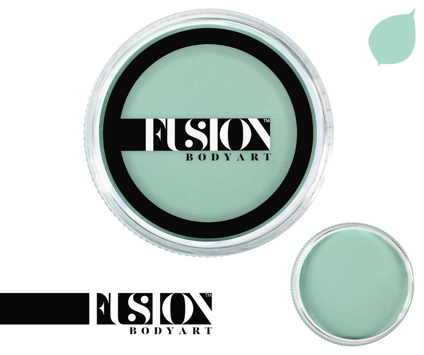 The Infinity Faces Fusion aqua face and body paint in pastel green (25g) features a round container with a prominent black and white logo on the lid, along with a light mint green pigment. A green leaf icon is in the top right, and there’s a smaller product image at the bottom right.